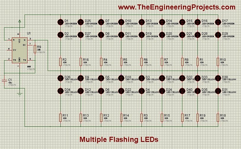 LED Flashing with 555timer, LED flashing in proteus, 555timer simulation in proteus,Proteus simulation of 555 timer