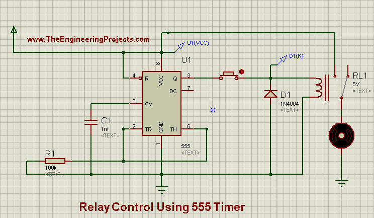 relay control circuit, relay control using 555 timer in proteus, how to design relay control circuit using 555 timer in proteus isis