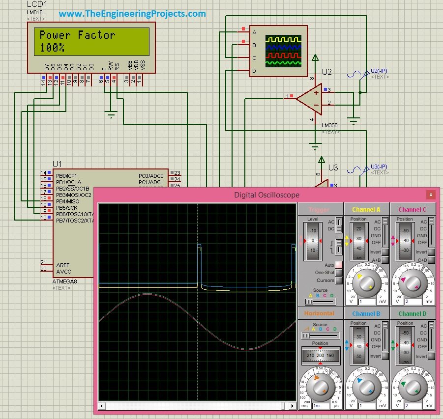 PF measurement in proteus, PF proteus simulation, power factor measurement, power factor proteus design, how to get power factor, calculate power factor, measure power factor