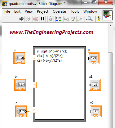 Calculating quadratic roots using LabVIEW, Finding quadratic roots in LabVIEW, How to find quadratic roots in LabVIEW, How to find roots of quadratic equation using LabVIEW, Use LabVIEW to find roots of quadratic equation