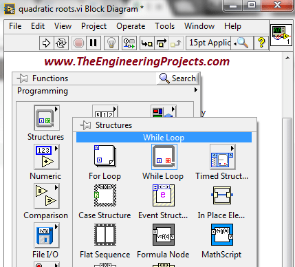 Calculating quadratic roots using LabVIEW, Finding quadratic roots in LabVIEW, How to find quadratic roots in LabVIEW, How to find roots of quadratic equation using LabVIEW, Use LabVIEW to find roots of quadratic equation