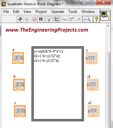 Calculating quadratic roots using LabVIEW, Finding quadratic roots in LabVIEW, How to find quadratic roots in LabVIEW, How to find roots of quadratic equation using LabVIEW, Use LabVIEW to find roots of quadratic equation
