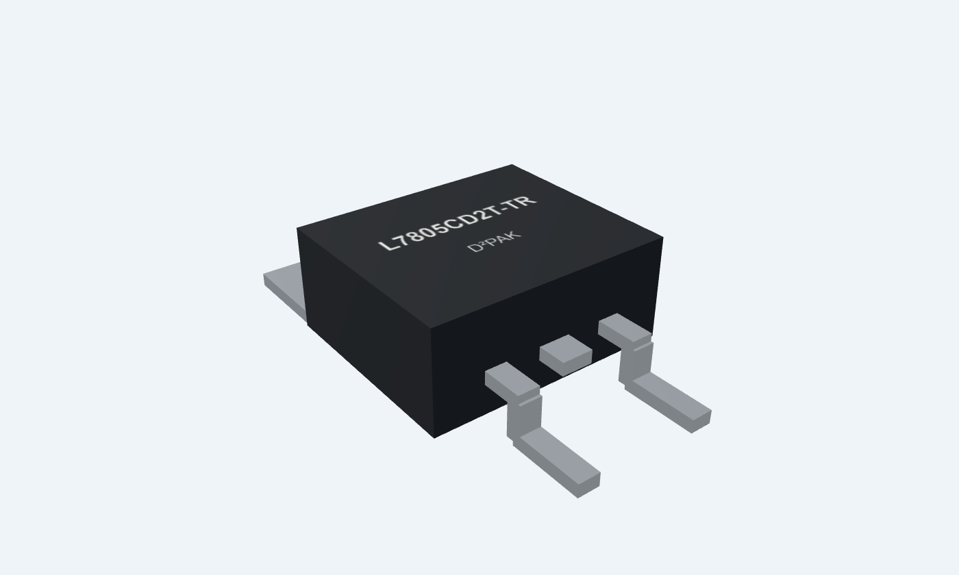 Black 7805 regulator package, silver leads and clearly printed part identification.