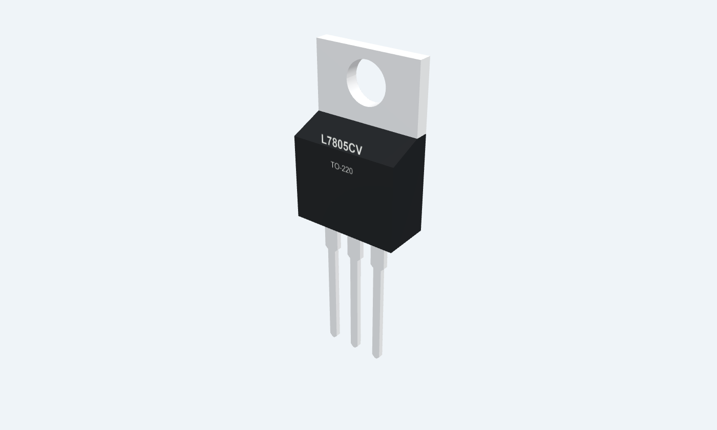 Black 7805 regulator package, silver leads and clearly printed part identification.