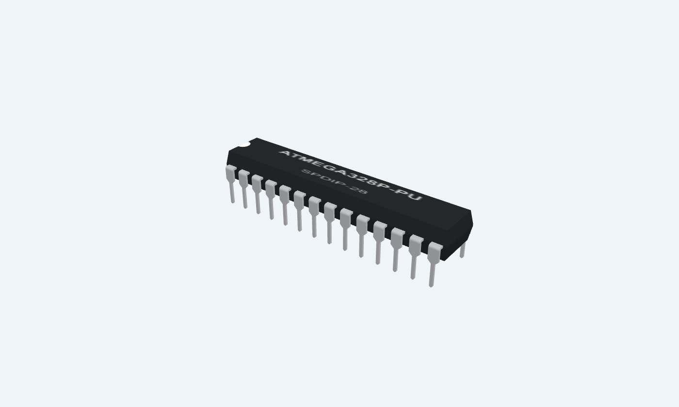 ATMEGA328P-PU black package with silver leads and readable markings.