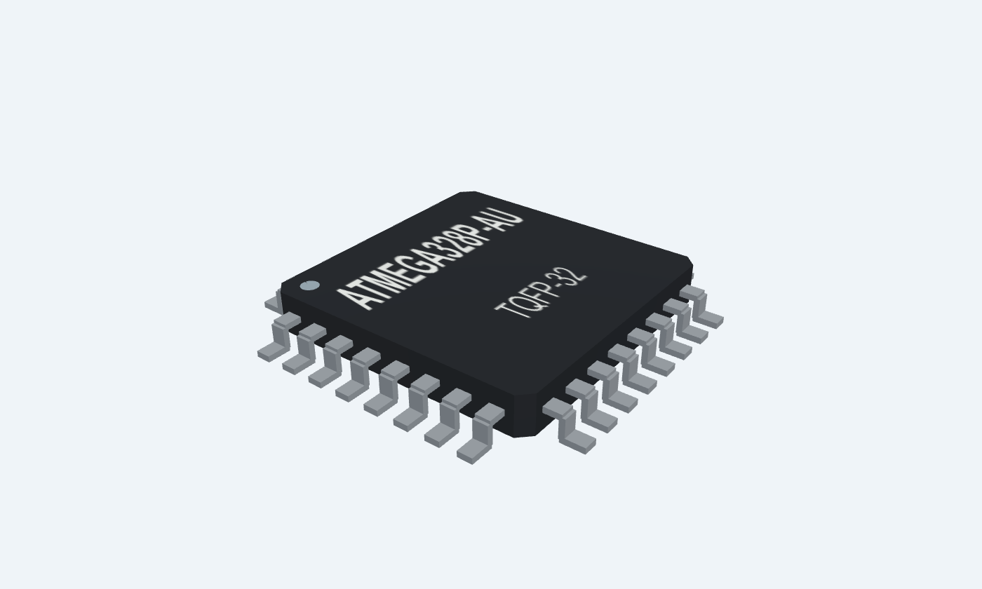 ATMEGA328P-AU black package with silver leads and readable markings.