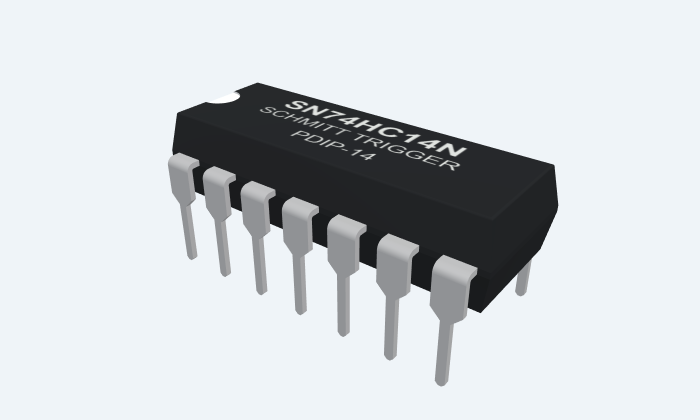 SN74HC14N black package with silver leads and readable markings.