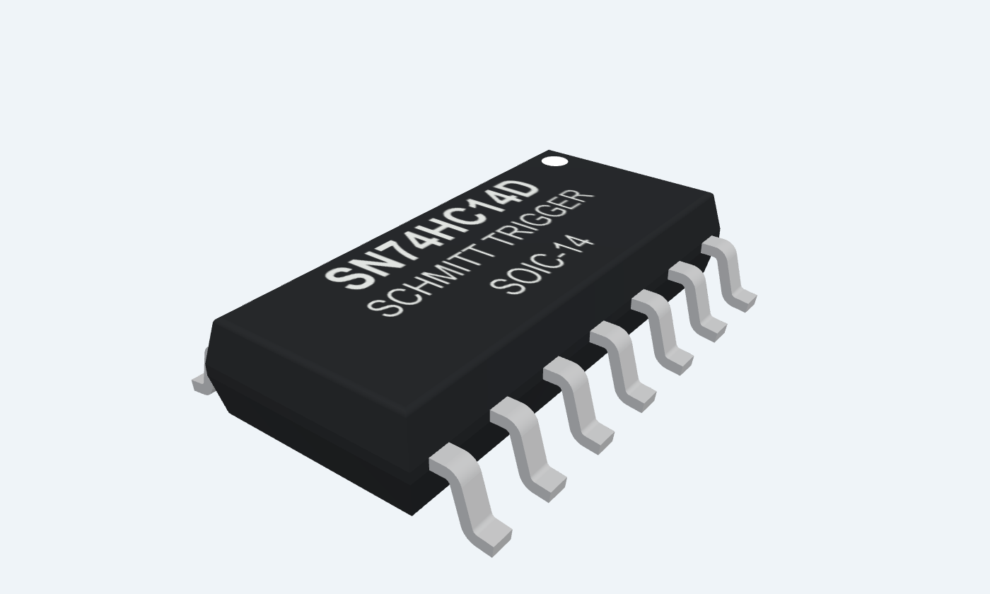 SN74HC14D black package with silver leads and readable markings.