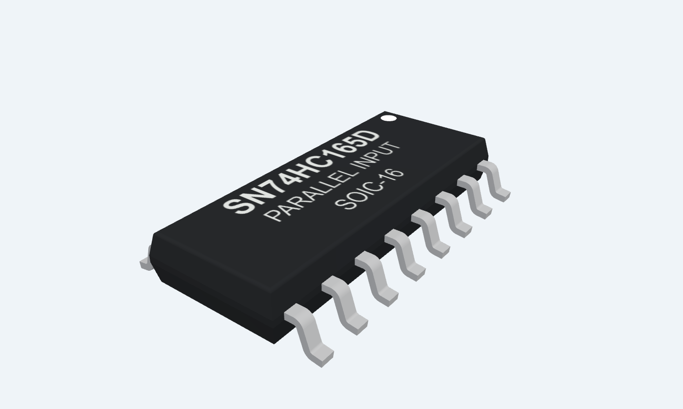 SN74HC165D black package with silver leads and readable markings.