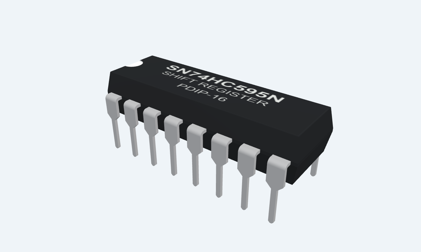 SN74HC595N black IC with sixteen silver leads and readable package markings.