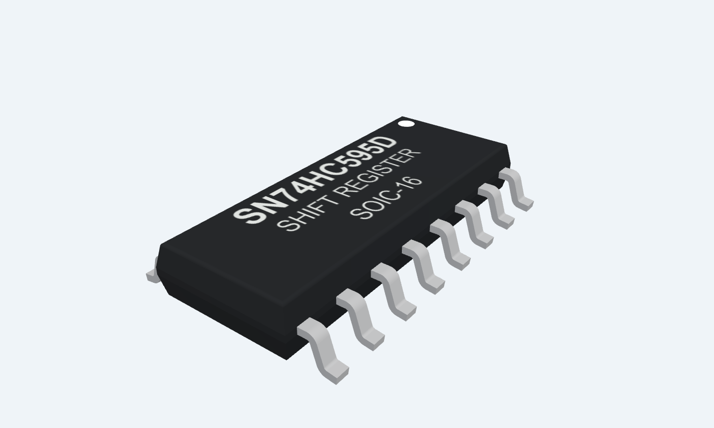 SN74HC595D black IC with sixteen silver leads and readable package markings.