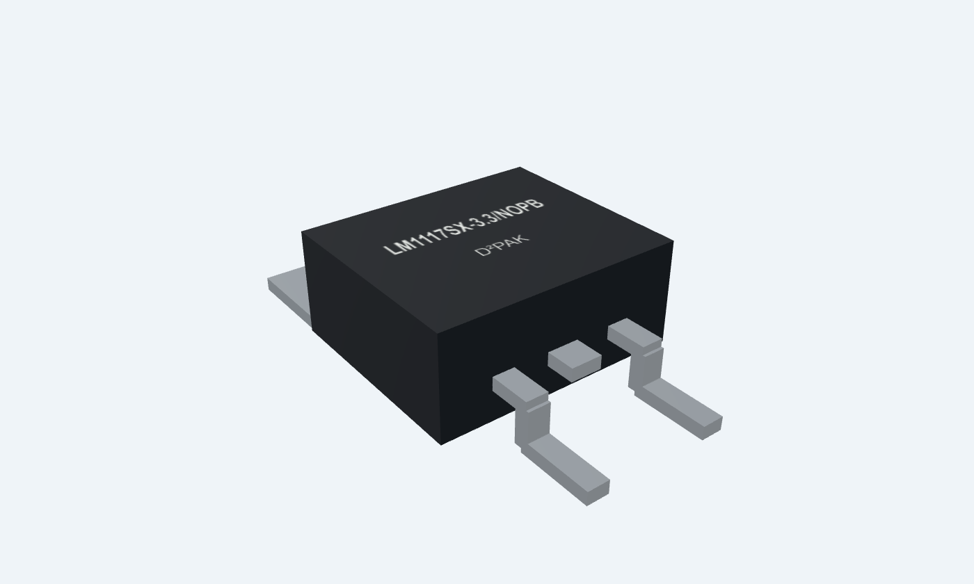 Black LM1117 fixed 3.3 V regulator with a silver tab and silver leads.