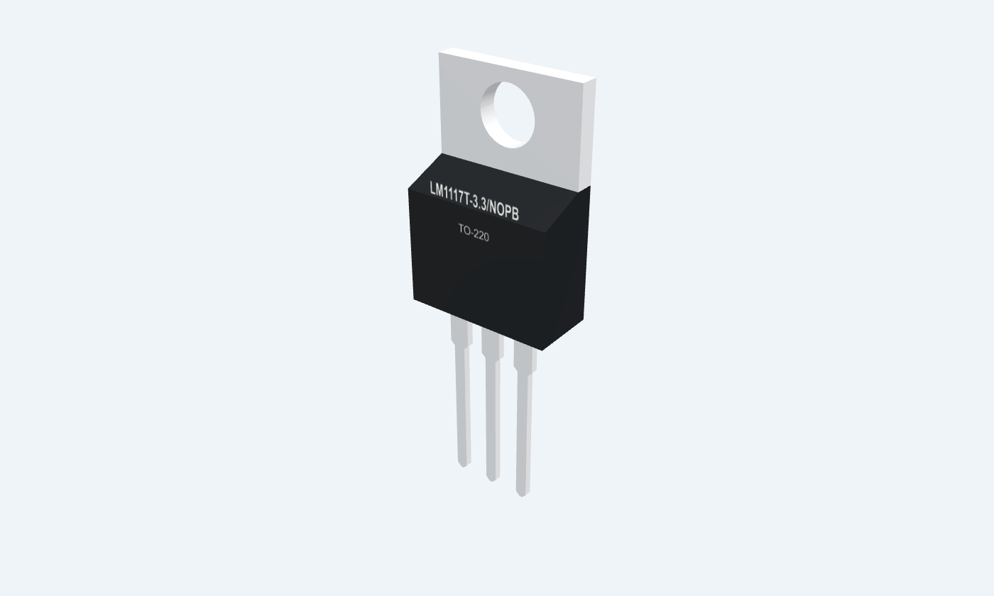 Black LM1117 fixed 3.3 V regulator with a silver tab and silver leads.