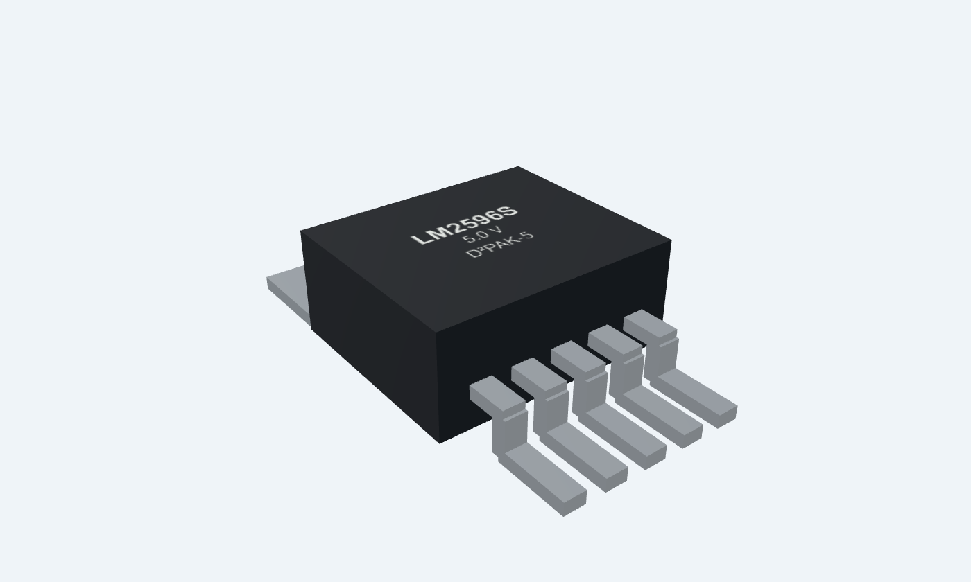 LM2596 fixed 5 V regulator: black package, silver grounded tab, five silver leads and readable markings.