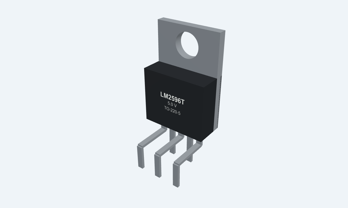 LM2596 fixed 5 V regulator: black package, silver grounded tab, five silver leads and readable markings.