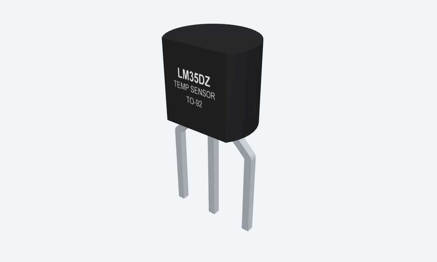 LM35DZ package rendered from the same geometry as the interactive 3D model, with silver leads.