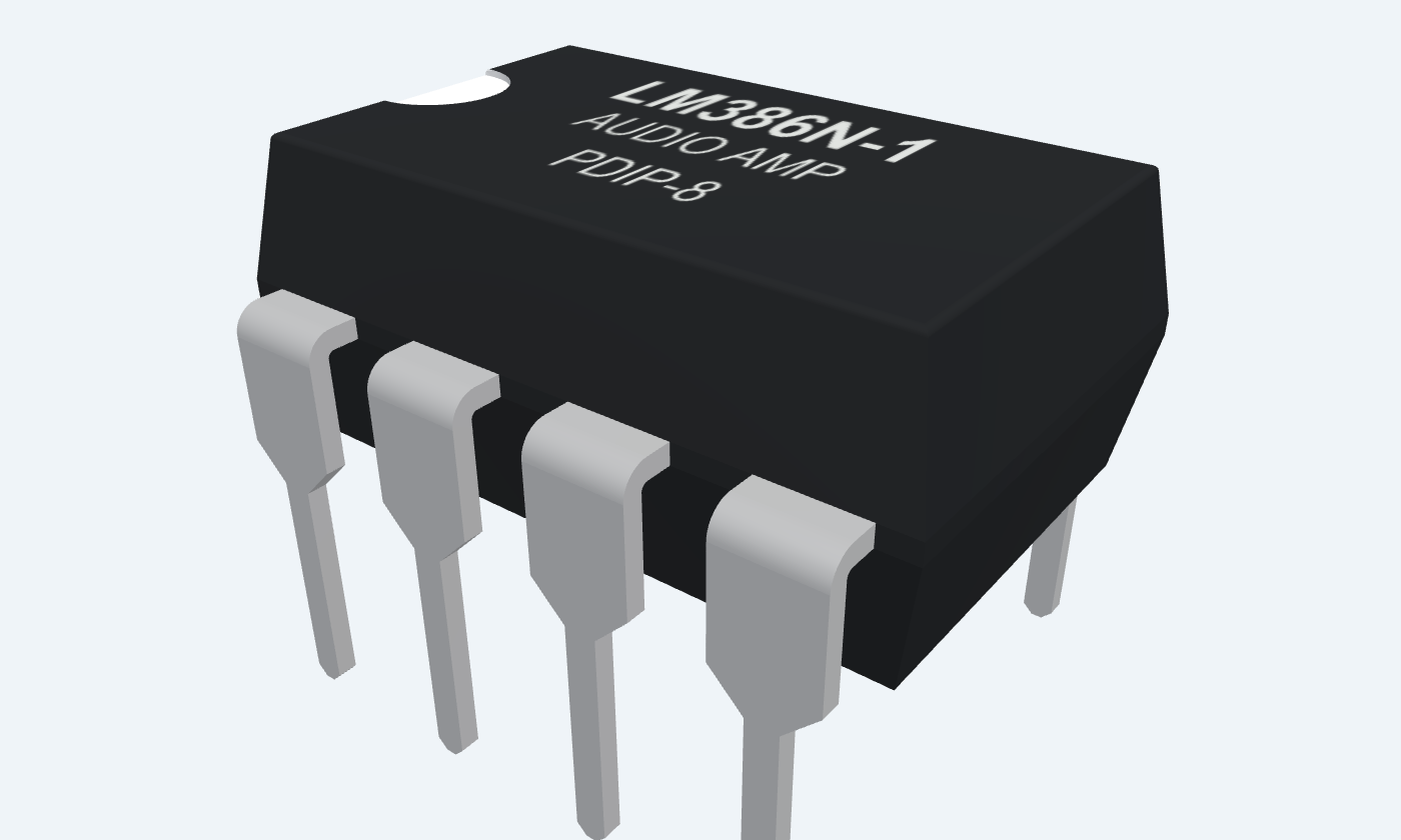 LM386N-1 black package with silver leads and readable markings.