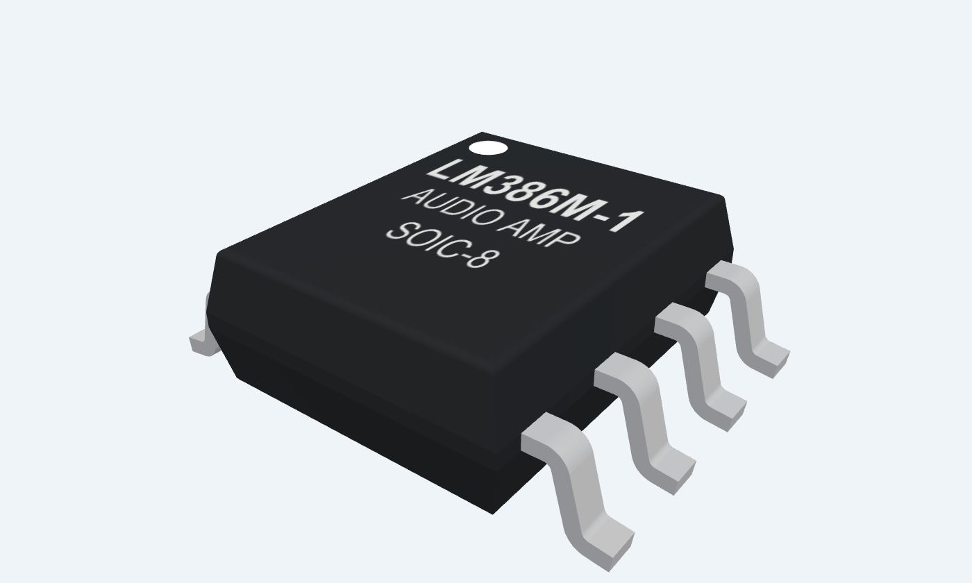 LM386M-1 black package with silver leads and readable markings.