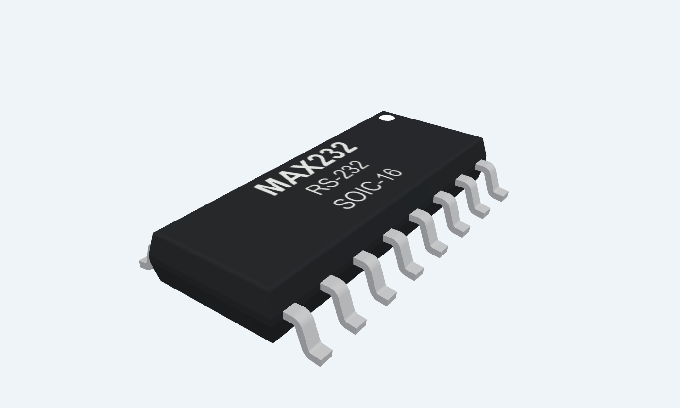 Rendered MAX232 SOIC-16: low-profile black molded body, pin-one mark and sixteen gull-wing surface-mount leads