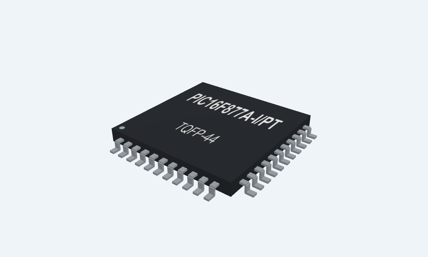 PIC16F877A-I/PT black TQFP-44 package with silver leads and pin-one mark.