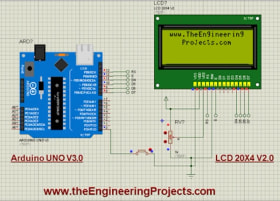 Arduino UNO V3.0 connected to a 20 by 4 LCD in the Proteus simulation