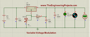 Voltage modulation circuit, Variable voltage supply, Variable voltage circuit using 555 timer in proteus isis, how to design variable voltage supply in proteus isis