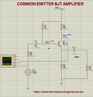 Circuit of BJT amplifier, common Emitter bjt amplifier, Proteus circuit for BJT amplifier