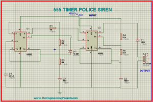 555 timer project, police siren using 555 timer, 555 timer police siren, applications of 555 timer, Police siren circuit in Proteus, Proteus circuit of 555 timer project.