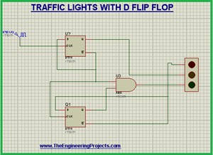 Traffic Lights simulation, D Flip Flop Project, Proteus circuit, Traffic light signal circuit, simulation of traffic Light signal using D Flip Flop.