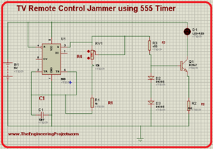 TV Remote Jammer, circuit of TV Remote jammer in Proteus, 555 timer projects, TV Remote control Jammer using 555 timer