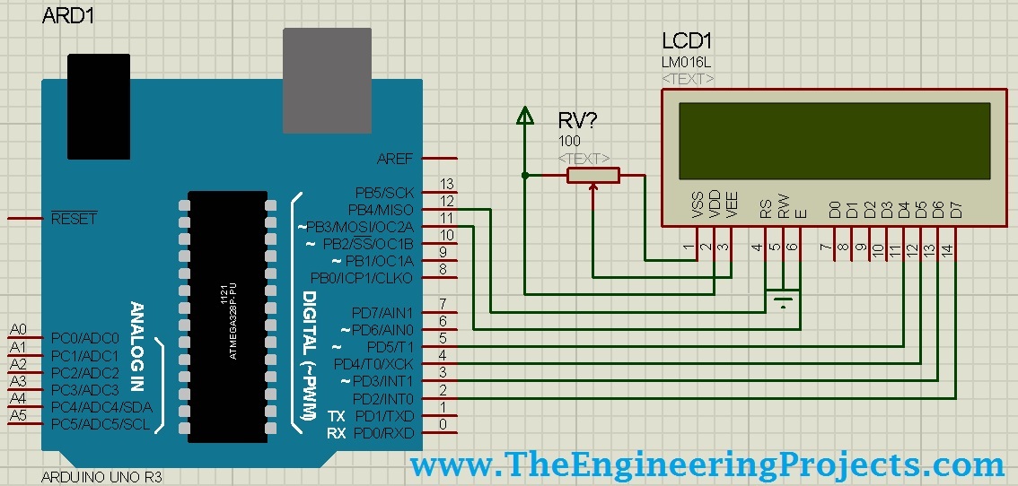 Circuit Designing of LCD with Arduino in Proteus ISIS, LCD simulation with Arduino in proteus, lcd arduino in proteus, lcd with arduino in proteus isis