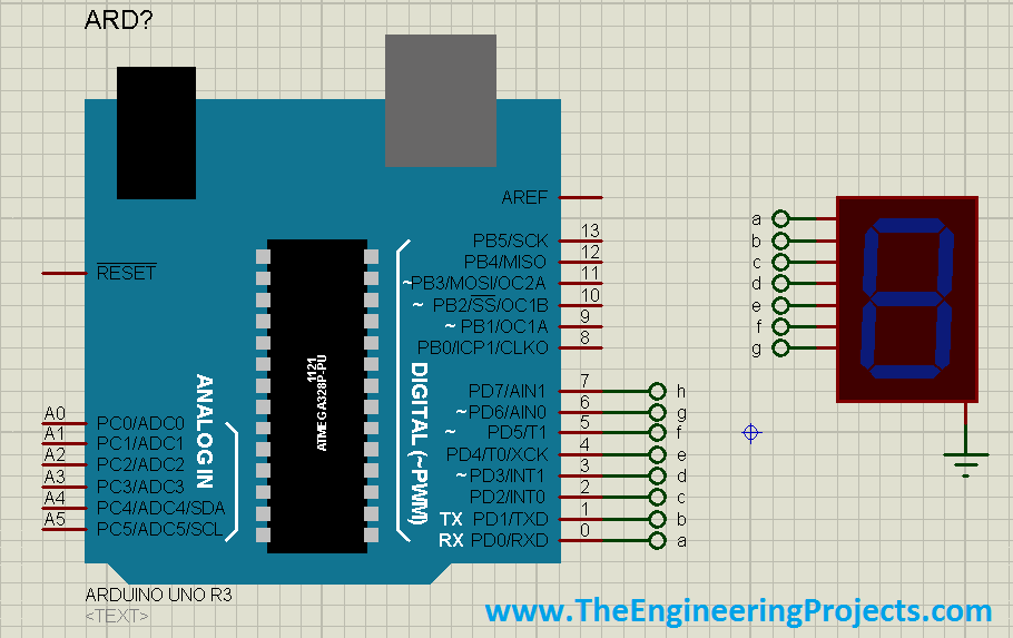 Interfacing of Seven Segment with Arduino in Proteus, 7 segment with arduino,7 segment display with arduino, seven segment display in Proteus, Proteus simulation of seven segment