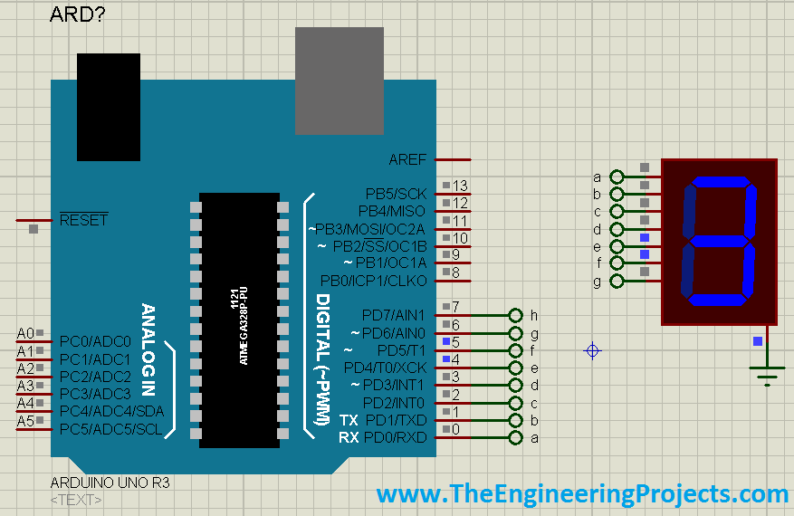Interfacing of Seven Segment with Arduino in Proteus, 7 segment with arduino,7 segment display with arduino, seven segment display in Proteus, Proteus simulation of seven segment