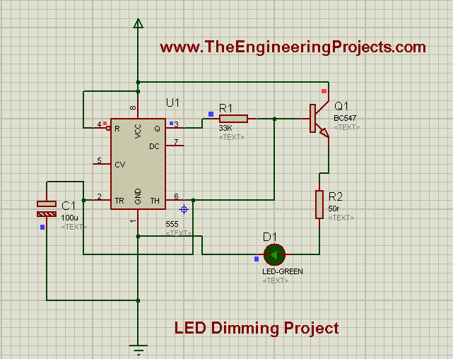 LED Dimming with 555timer, LED dimming in proteus, 555timer simulation in proteus,Proteus simulation of 555 timer