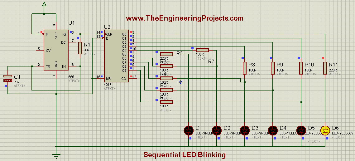 LED blinking projects, Sequence blinking of LEDs, Sequence blinking of LED using 555timer, Sequential blinking of LEDs using 555timer in proteus ISIS, LED projects in proteus isis