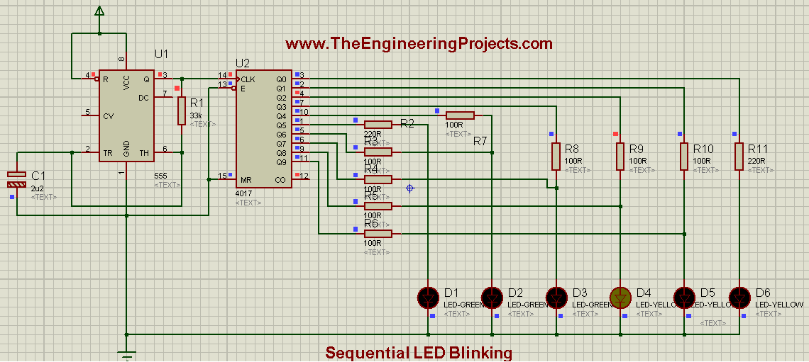 LED blinking projects, Sequence blinking of LEDs, Sequence blinking of LED using 555timer, Sequential blinking of LEDs using 555timer in proteus ISIS, LED projects in proteus isis