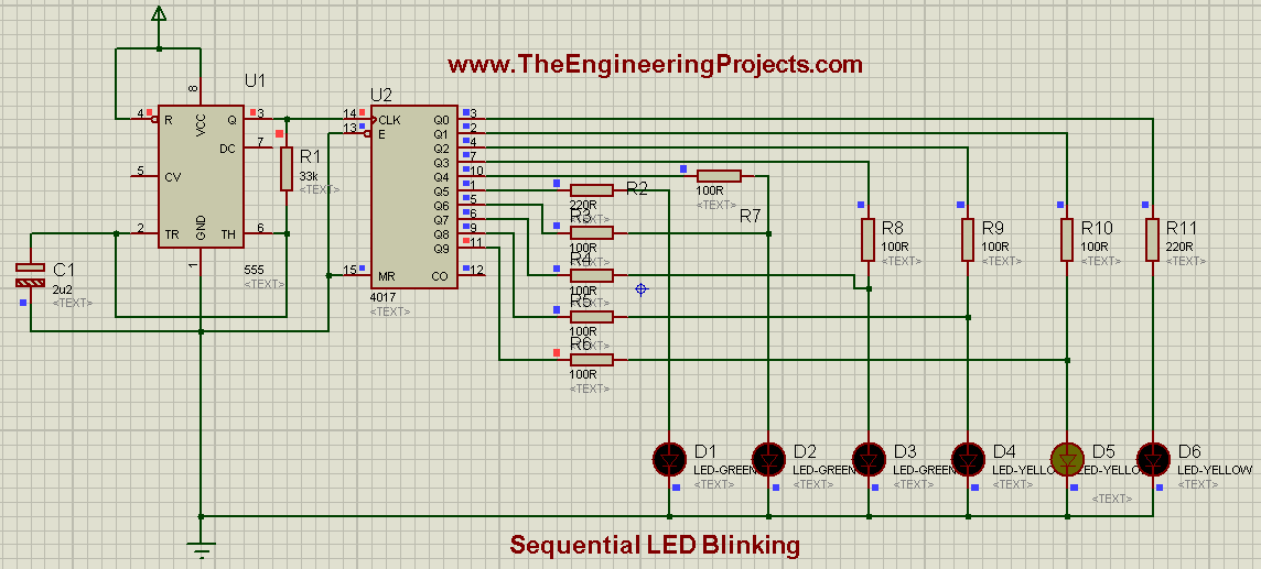 LED blinking projects, Sequence blinking of LEDs, Sequence blinking of LED using 555timer, Sequential blinking of LEDs using 555timer in proteus ISIS, LED projects in proteus isis