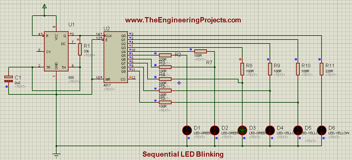 LED blinking projects, Sequence blinking of LEDs, Sequence blinking of LED using 555timer, Sequential blinking of LEDs using 555timer in proteus ISIS, LED projects in proteus isis