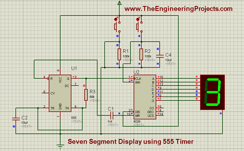 seven segment display using 555 timer, seven segment dispaly using 555 timer in proteus isis, seven segment display using 555timer, how seven segment display is designed in proteus