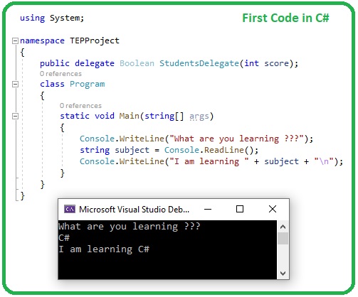 First Code in C# Tutorials, c# console, c# tutorials, console writeline, console readline
