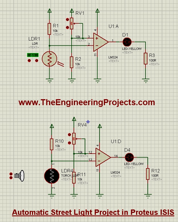 Automatic Street Light Project in Proteus, automatic street light, street light ldr, ldr led circuit, circuit diagram of led ldr