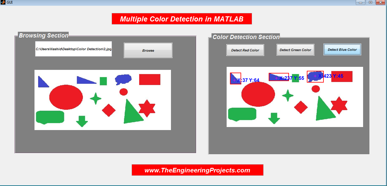 Multi Color Detection in MATLAB, how to detection multi color in MATLAB, MATLAB multi color detection, detect multi Color in MATLAB, MATLAB GUI to detect multi colors in MATLAB, Detection of multi colors using GUI in MATLAB