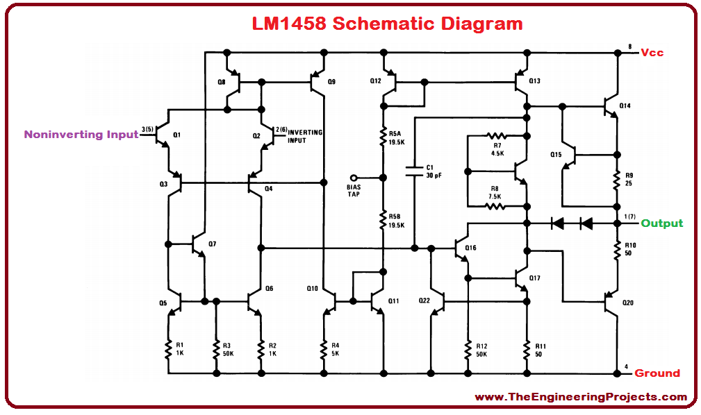 LM1458 Pinout, LM1458 basics, basics of LM1458, getting started with LM1458, how to get started with LM1458, LM1458 proteus, proteus LM1458, LM1458 proteus simulation, how to use LM1458