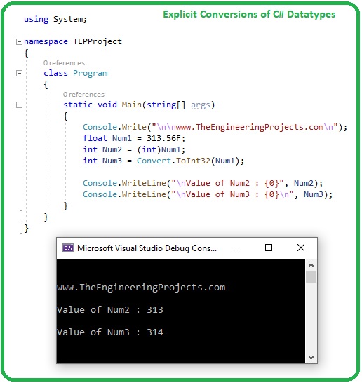 Datatype Conversions in C#, int to float in c#, float to int c#, string to int c#