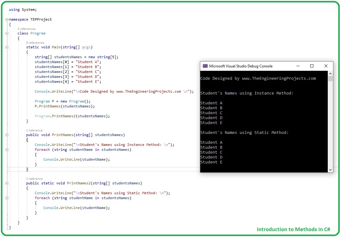 Introduction to Methods in C#, methods in c#, methods c#, c# methods, static methos in c#, instance method c#
