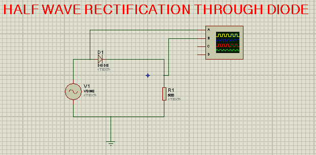 half wave rectification through diode, Oscilloscope in proteus, proteus circuit with oscilloscope, half wave rectification circuit with oscilloscope