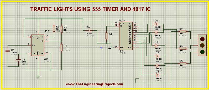 Traffic Light project, traffic lights with 555 timer, 555 timer project, traffic lights with 4017 and 555 timer