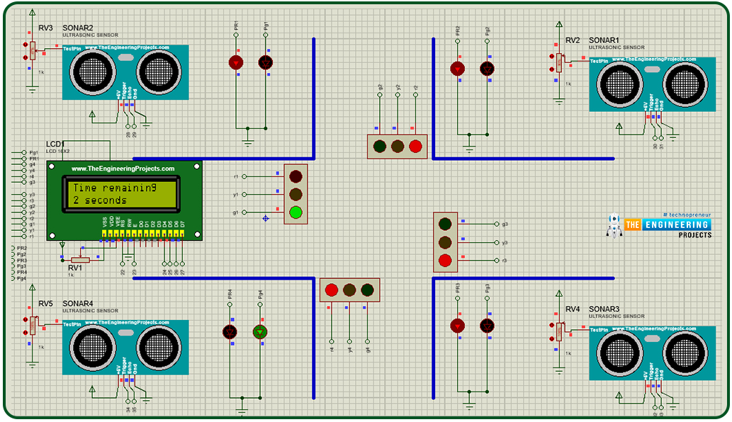 Variable 4 way traffic light, Software to install, Project overview, Components needed, Arduino mega, Proteus simulation of variable traffic lights, Arduino code, declaration code, void loop, void setup, Results/working,