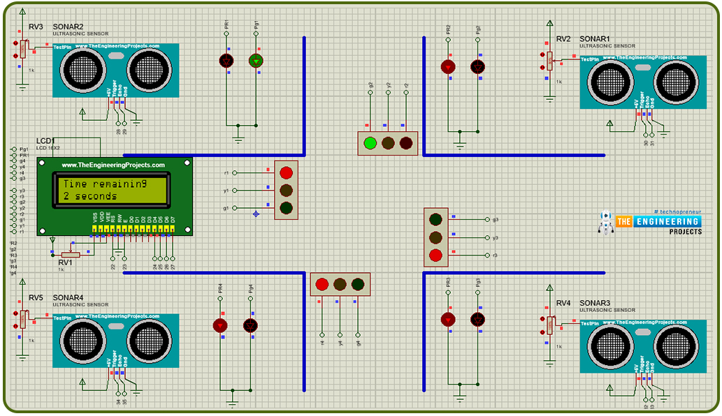 Variable 4 way traffic light, Software to install, Project overview, Components needed, Arduino mega, Proteus simulation of variable traffic lights, Arduino code, declaration code, void loop, void setup, Results/working,
