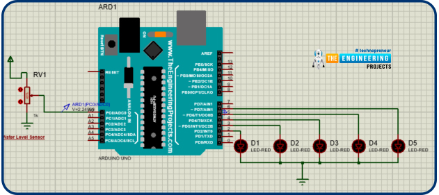 Water level indicator using arduino, water level indicator project, tank water level, water level project with arduino, proteus simulation of water level indicator, water level arduino project